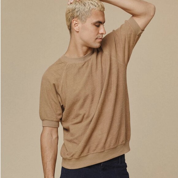 Short Sleeve Raglan Sherpa Terry Sweatshirt Unisex Sweater Coyote Brown XS - Picture 5 of 5